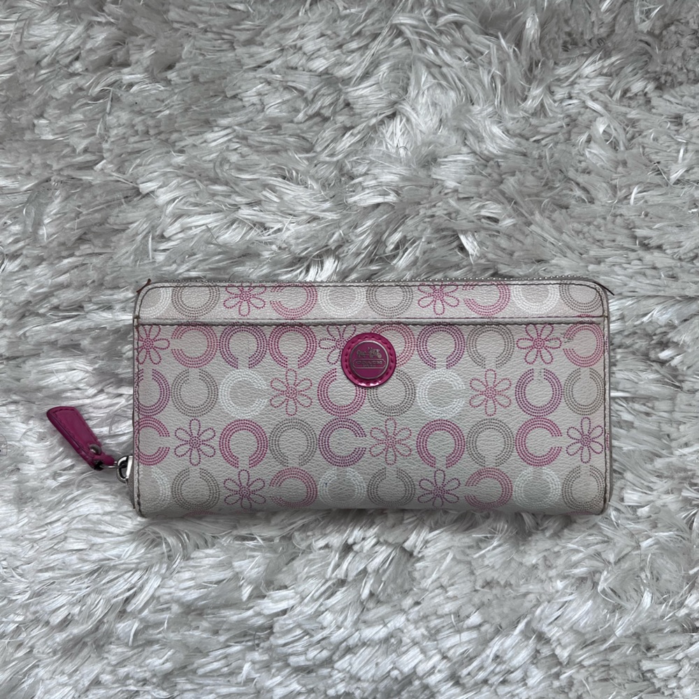 Coach - Monogrammed Large Zipper Wallet - Cream/Pink - Used Condition